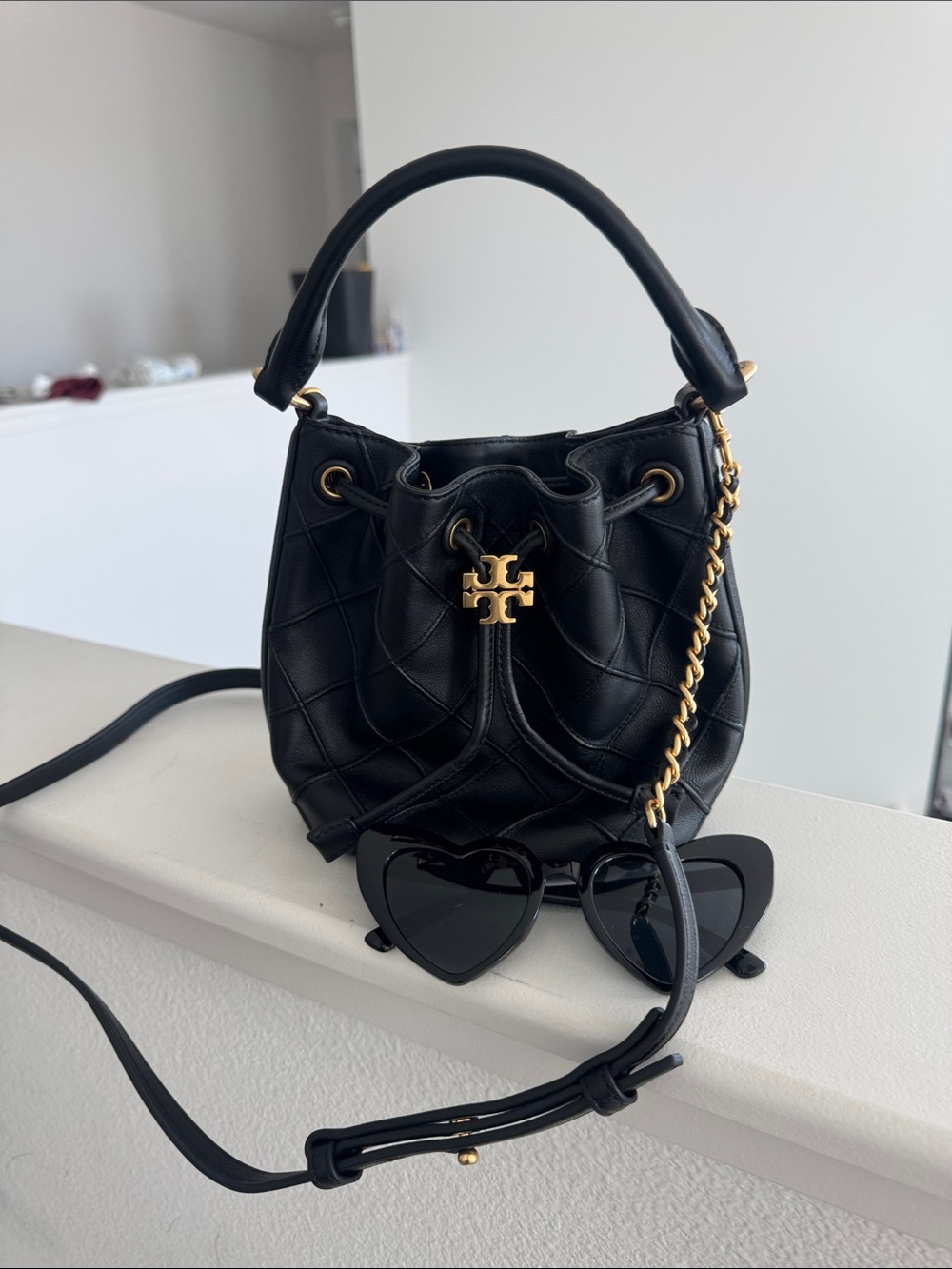Tory Burch Black Quilted Leather Mini Drawstring Bucket Bag with Gold Hardware - Picture 5 of 5